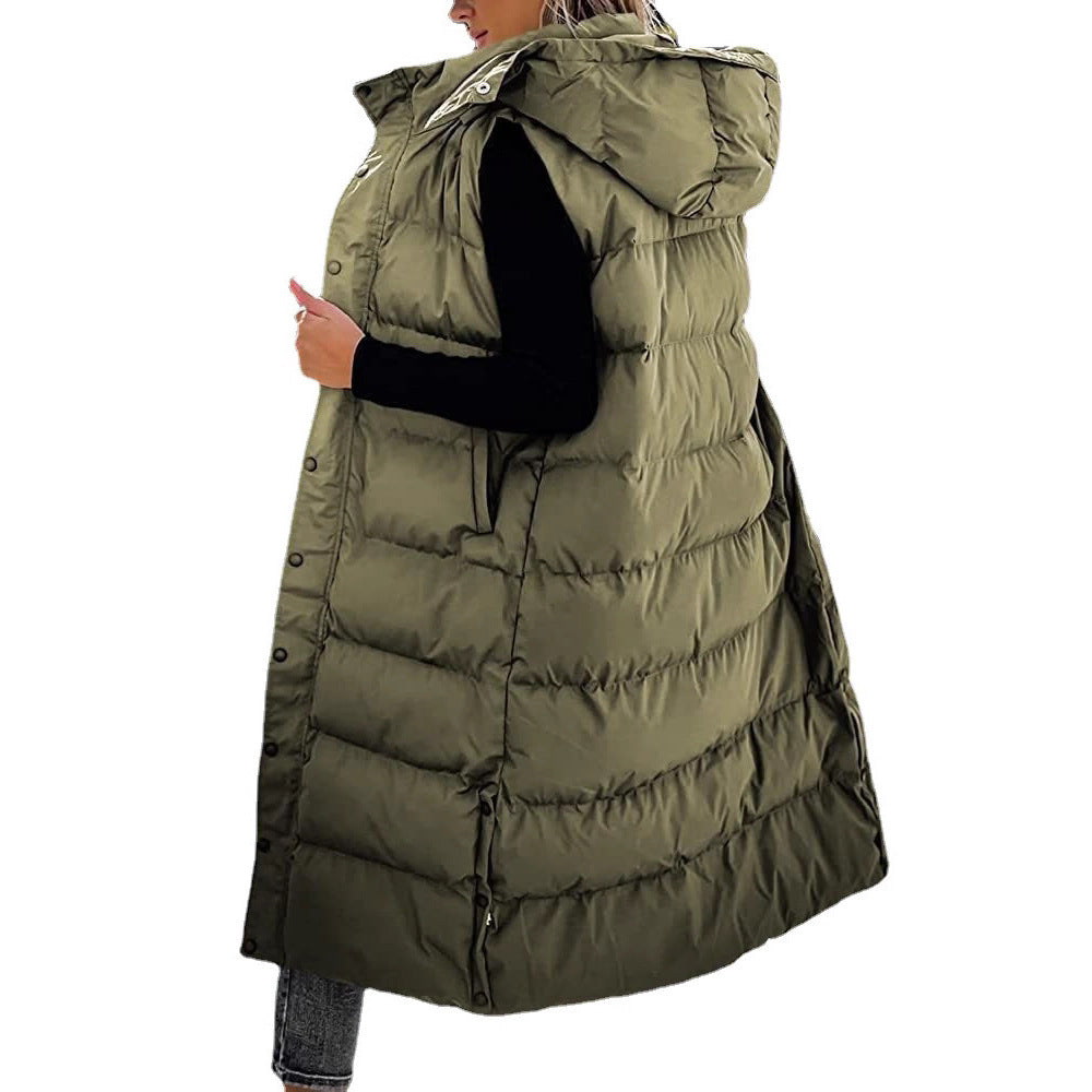 Women's Long Puffer Vest with Quilted Hood and Button Down Closure for Winter Coat 2025 - Tops, Womenswear - Seldom Seen Styles
