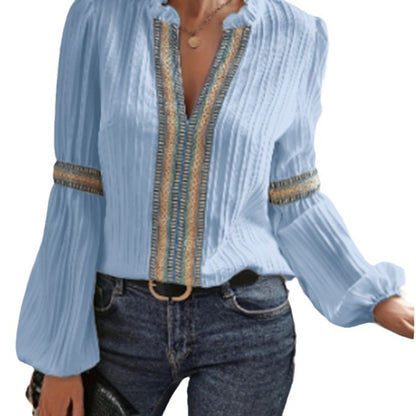 Women’s Lace Trim V Neck Lantern Long Sleeve Blouses Oversized Dressy Casual Loose Fit Business Work Shirts Tops - Seldom Seen Styles