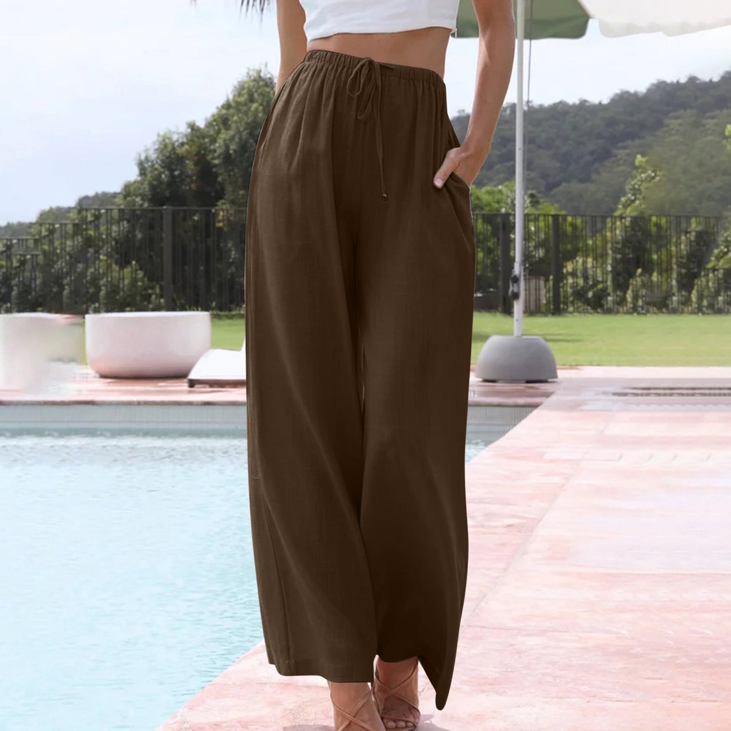 Women's Linen Summer Palazzo Pants Flowy Wide Leg Beach Pants with Pockets - Seldom Seen Styles