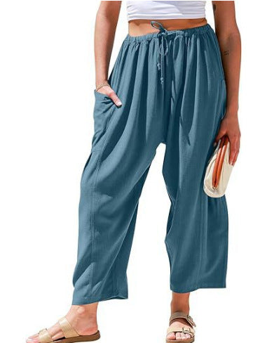 Womens Wide Leg Pants Casual Loose Drawstring Flowy Summer Beach Palazzo Harem Pants with Pockets - Seldom Seen Styles