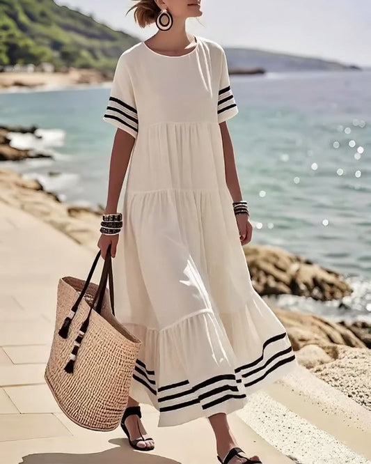 Summer Crew Neck Black Striped Loose A Line Sundress for Women with Short Sleeves Flowy Beach Patchwork Maxi Dresses - Seldom Seen Styles