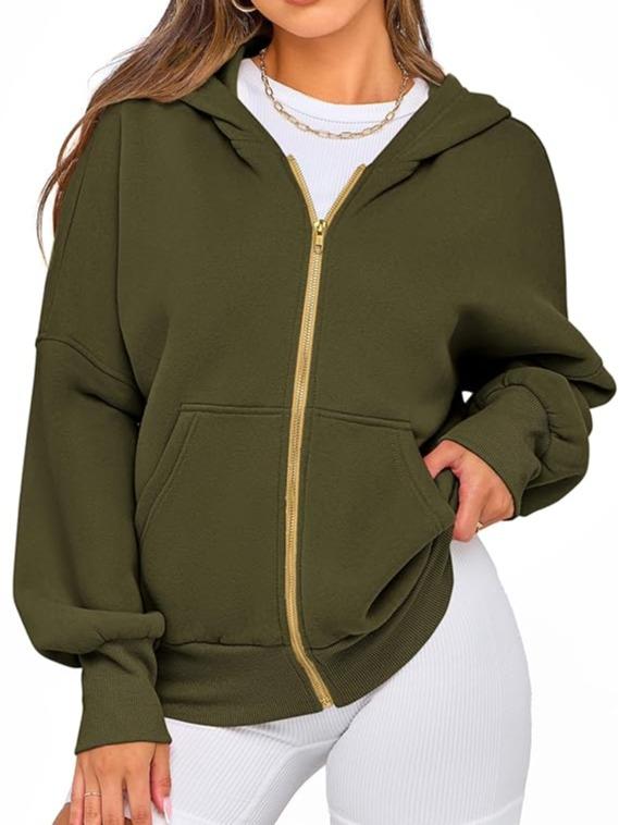 Women's Gold Zipper Hoodie Long Sleeve Fleece Y2K Style Casual Sweatshirt with Pockets for Fall Winter Clothes - Seldom Seen Styles