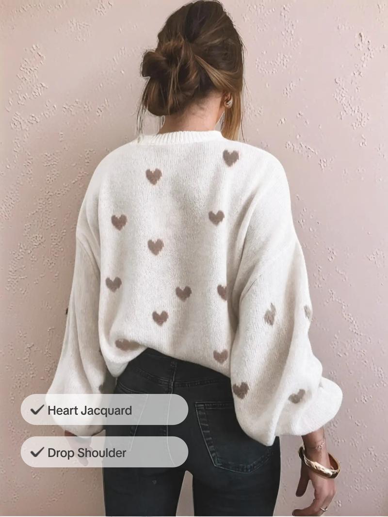 Women's All Over Heart Print Drop Shoulder Sweater, Casual Long Sleeve Round Neck Jumper for Fall & Winter, Fashion Ladies' Knitwear for Daily Wear - Seldom Seen Styles