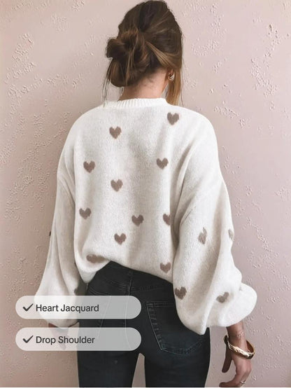 Women's All Over Heart Print Drop Shoulder Sweater, Casual Long Sleeve Round Neck Jumper for Fall & Winter, Fashion Ladies' Knitwear for Daily Wear - Seldom Seen Styles