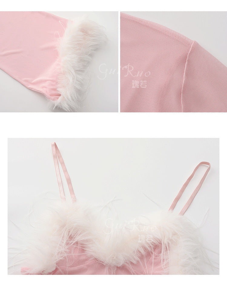 Womens Sexy 3 Piece Fuzzy Lingerie Set Transparent Tulle Nightshirt With Robe and G-String