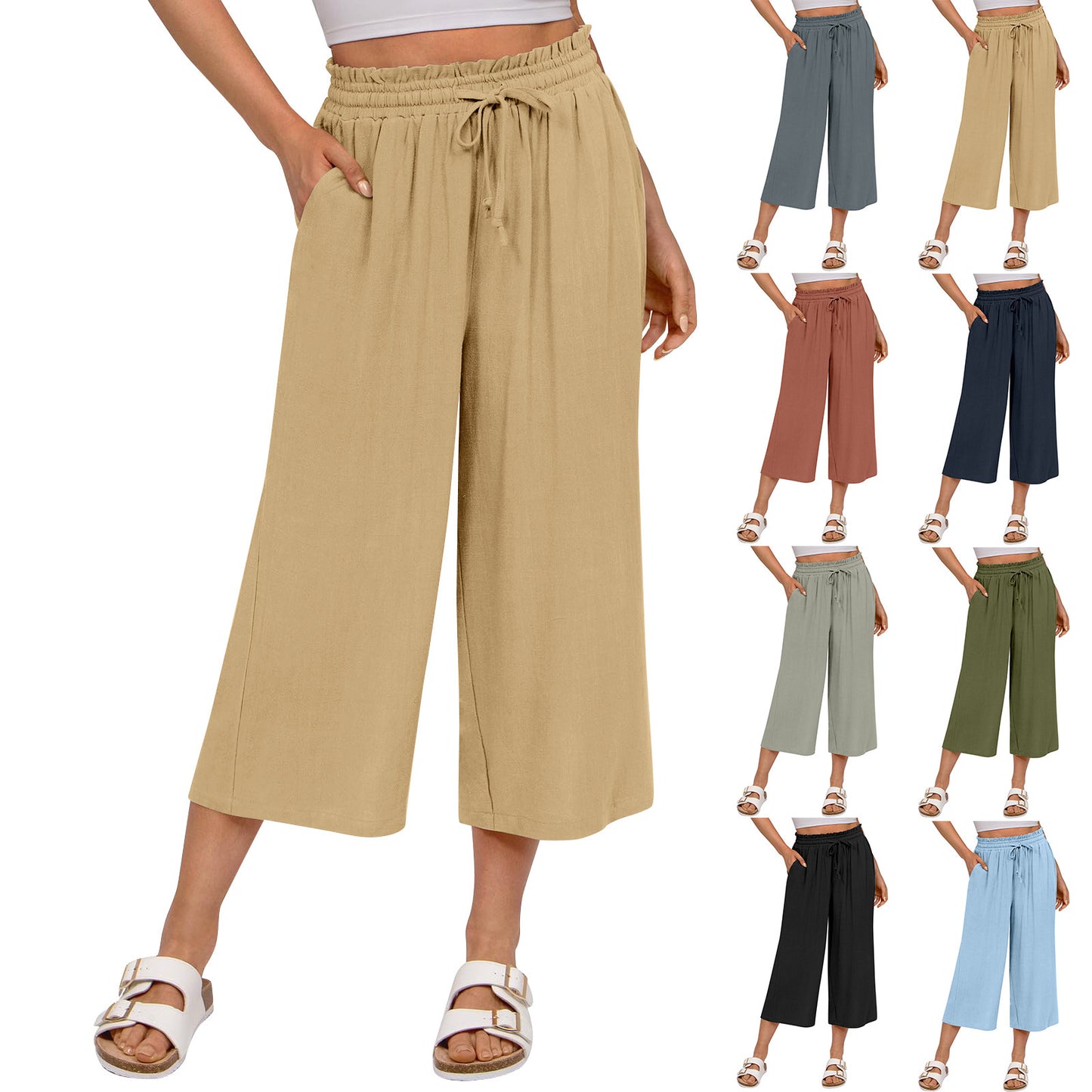 Women's Capri Pants Drawstring Casual Palazzo Trousers with Pockets Loose High Waisted Wide Leg Lounge Pants - Seldom Seen Styles