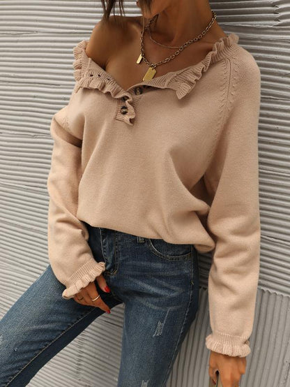 Women's Knit Pullover Sweater Tops - Casual Long Sleeve Button Down Crew Neck Ruffle Solid Color Striped - Knitwear, Womenswear - Seldom Seen Styles