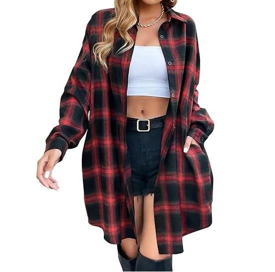 Women's Button Down Flannel Shirts Plaid Shacket Long Sleeve Collared Long Jacket Coats #Springtok - Seldom Seen Styles
