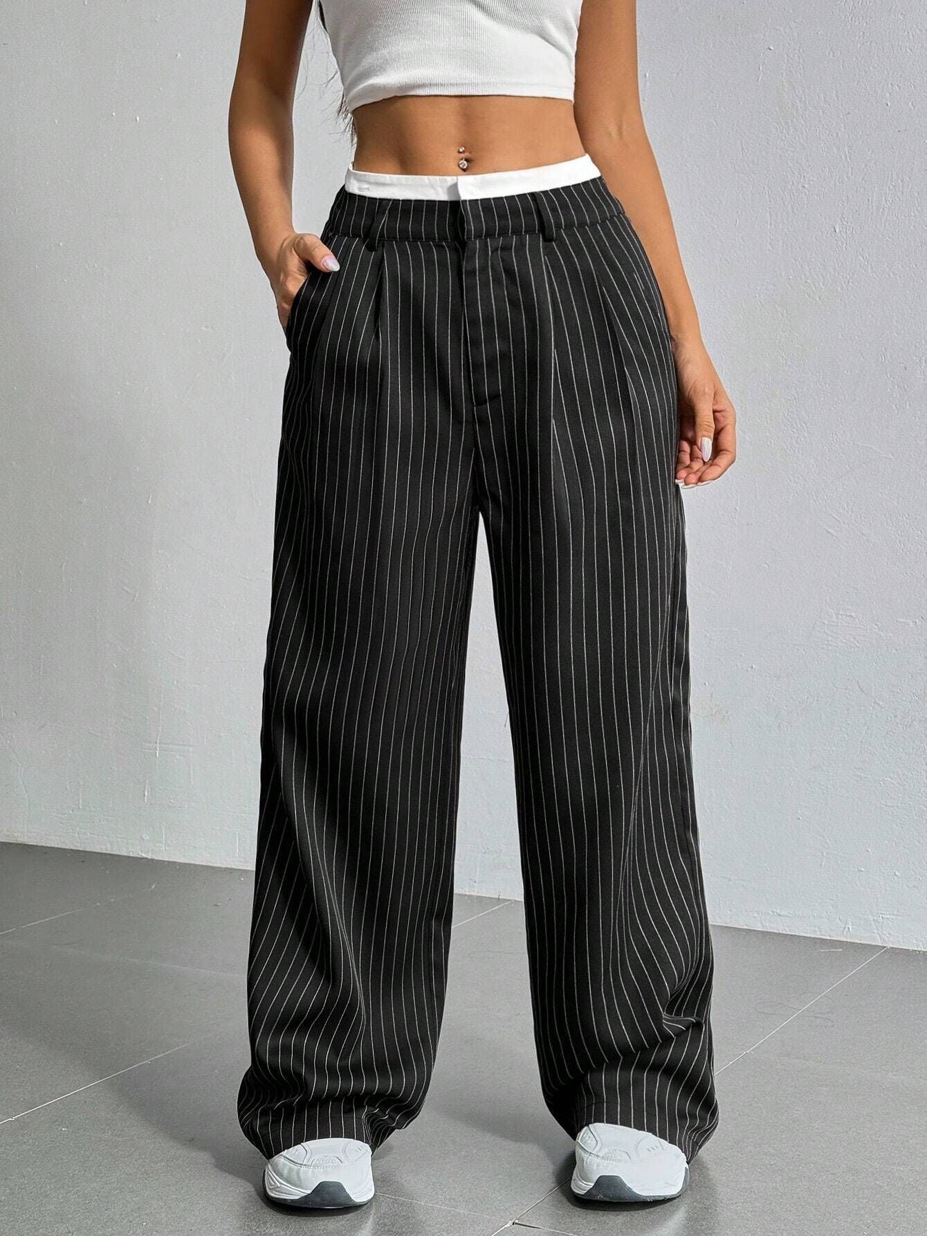 Women's Striped Pants Color Block High Waisted Wide Leg Casual Work Office Long Trousers - Seldom Seen Styles