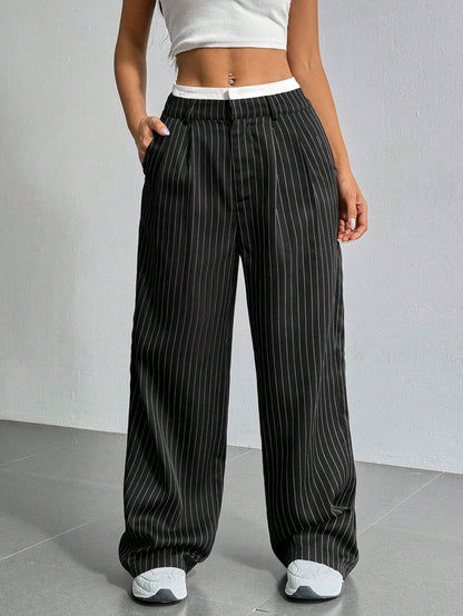 Women's Striped Pants Color Block High Waisted Wide Leg Casual Work Office Long Trousers - Seldom Seen Styles