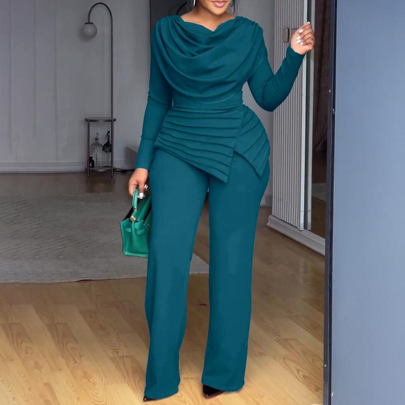 Cowl Neck Asymmetrical Patchwork Ruched Jumpsuit Casual Cinched Waist Zipper Back Straight Leg Jumpsuit - Seldom Seen Styles