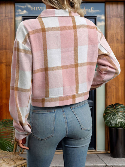 Women's Flannel Cropped Plaid Shacket Jacket Button Down Long Sleeve Shirts Tops