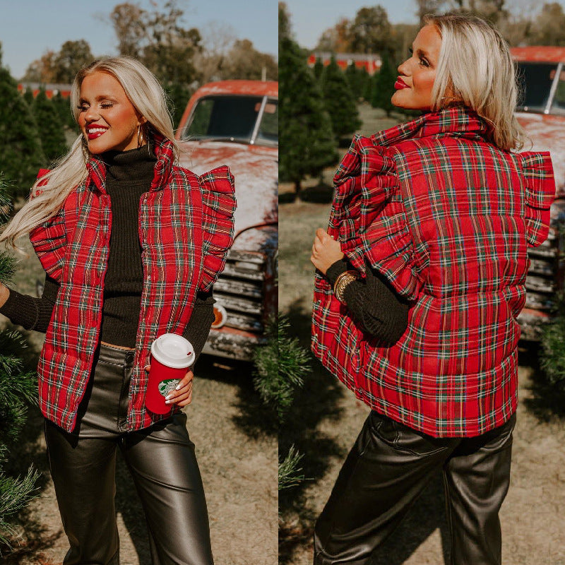 Womens Plaid Puffer Vests Ruffle Sleeveless Lightweight Quilted Vest Fall Winter Padded Gilets Coats - Seldom Seen Styles