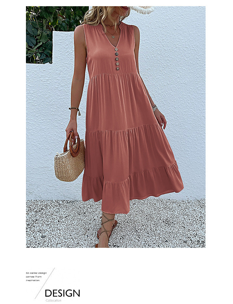 Summer Flowy Maxi Dress with Pockets Sleeveless Loose Casual Sundress V-Neck Tiered Sun Dress for Beach Cruise Vacations