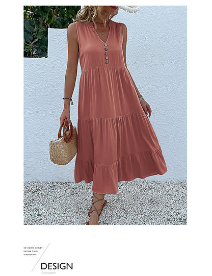 Summer Flowy Maxi Dress with Pockets Sleeveless Loose Casual Sundress V-Neck Tiered Sun Dress for Beach Cruise Vacations