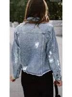 Women's Jean Jackets Casual Non Stretch Boyfriend Washed Coats Distressed Ripped Lapel Long Sleeve Denim Outwear Tops 2025 Spring Womenswear Outfits Dealsforyoudays - Seldom Seen Styles