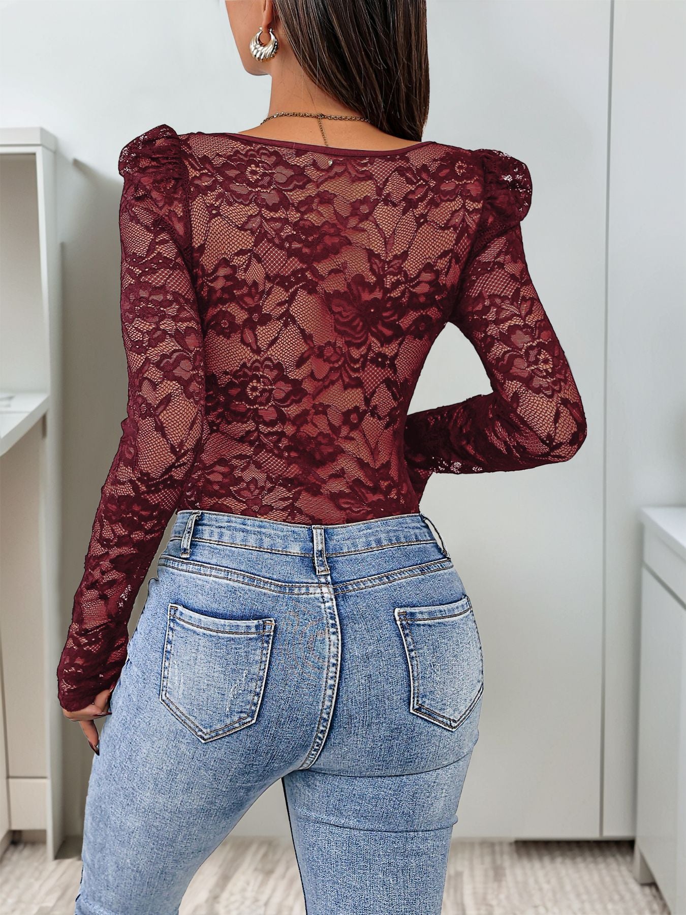 Women's Lace Long Sleeve Corset Bodysuit Tops Sheer Mesh V neck Jumpsuit
