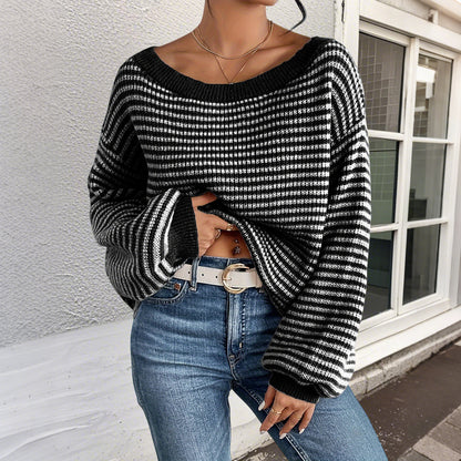 Women's Striped Drop Shoulder Sweater, Y2k Casual Bishop Sleeve Boat Neck Jumper Tops for Daily Outdoor Wear Back To School, Sweaters for Women, Ladies Knitwear for Fall, Fall Outfits, Fallfreshness, Preppy 80s Clothes - Seldom Seen Styles