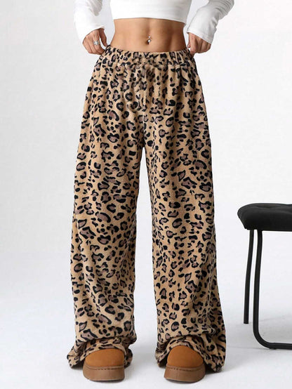 Women's Leopard Print Bow Decor Wide Leg Pants, Casual Comfy Trousers for Daily Wear, Ladies Bottoms for Fall & Winter - Seldom Seen Styles