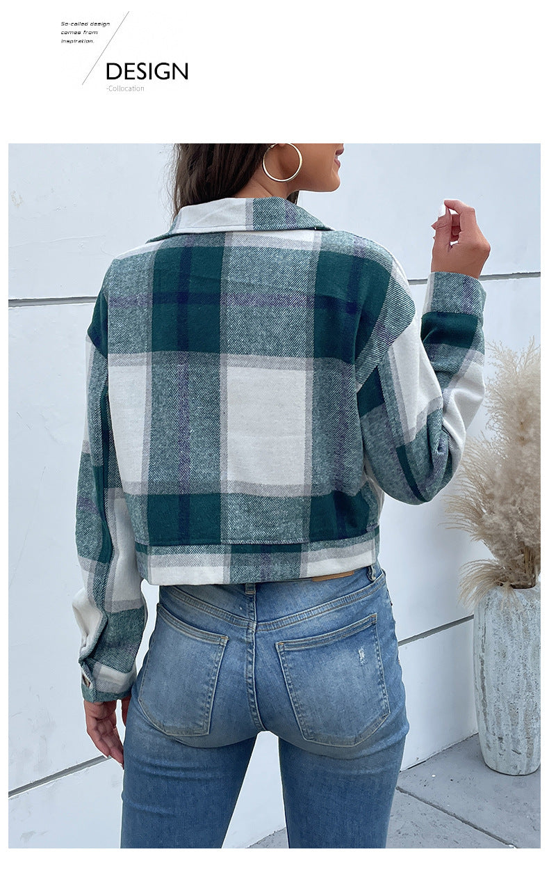 Women's Flannel Cropped Plaid Shacket Jacket Button Down Long Sleeve Shirts Tops