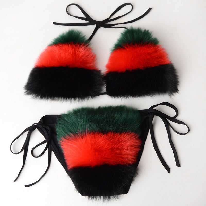 Women Summer Sexy 2 Piece Bikini Set Faux Fur Rainbow Striped Halter Swimsuit Tie Side Bottom Bralette Plush Bathing Suit Party Clubwear
