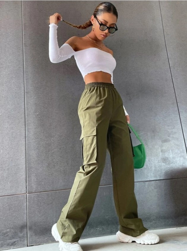 Girl's Elastic Waist Trousers Loose Straight Leg Flap Pocket Cargo Pants - Seldom Seen Styles