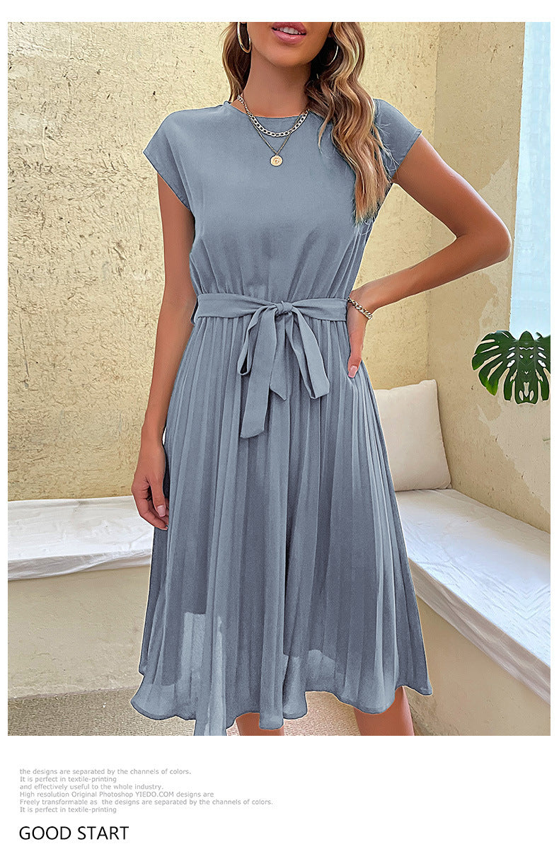 Women Summer Maxi Pleated Dress Casual Cap Sleeve Flowy Swing Loose Fit Midi Dresses Pocket Crew Neck Back Button