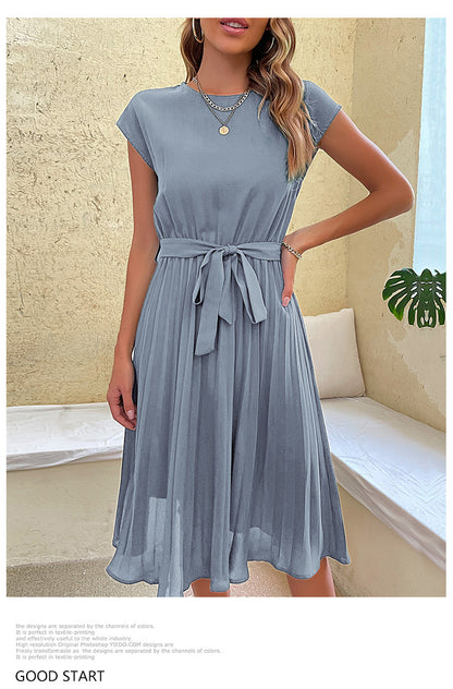 Women Summer Maxi Pleated Dress Casual Cap Sleeve Flowy Swing Loose Fit Midi Dresses Pocket Crew Neck Back Button
