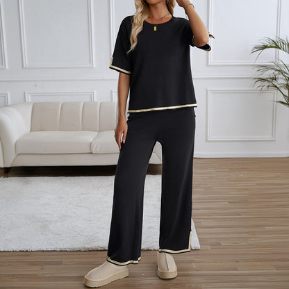 Women's 2-Piece Lounge Set - Black Knit Tracksuit with Short Sleeve Top & Wide Leg Pants - Soft Stretchy Homewear for Casual Wear - Seldom Seen Styles