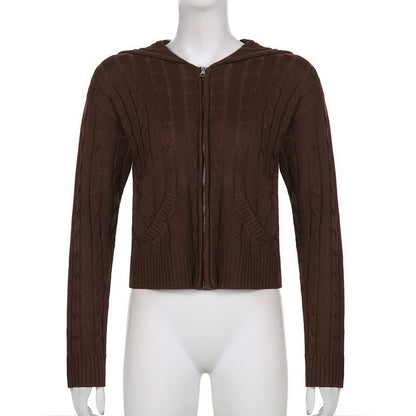 Women's Solid Drawstring Full Zip Up Hooded Spring Crochet Cardigan, Back To School Outfits, Drop Shoulder Kitting Fall Sweater Tops, Cardigan for Women, Casual Solid Dual Pocket Fall Outerwear for New Style, Fall outfits, Fallfreshness - Seldom Seen Styles