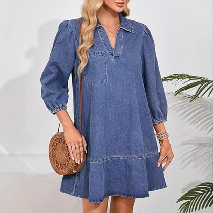 Denim Dress for Women Fashion Fall Casual Babydoll 2025 V Neck 3/4 Puff Sleeve Jean Dresses - Seldom Seen Styles