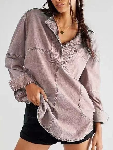 Womenswear Denim Pullover Casual Comfort Button V Neck Blouse Loose Fit Tops Longsleeves Jean Jacket With Pocket - Seldom Seen Styles