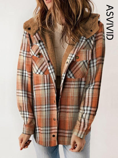Women's Plaid / Houndstooth Print Button Front Hooded Coat, Casual Long Sleeve Pocket Coat for Fall & Winter, Ladies Outerwear for Daily Wear - Seldom Seen Styles