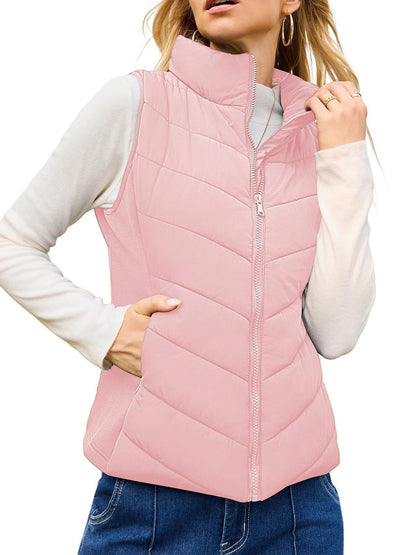 Puffer Vest Women Sleeveless Zip Up Outerwear Stand Collar Quilted Vest Warm Winter Jackets Coats with Pocket