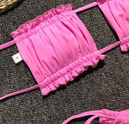 Women 2 Piece Strapless Bikini Swimsuits Ruffle Ribbed Self Tie Bandeau Bikini Set High Cut String Bathing Suits