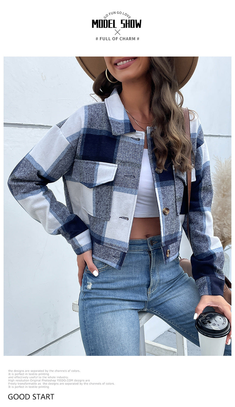 Women's Flannel Cropped Plaid Shacket Jacket Button Down Long Sleeve Shirts Tops