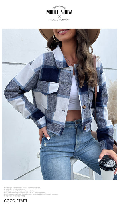 Women's Flannel Cropped Plaid Shacket Jacket Button Down Long Sleeve Shirts Tops