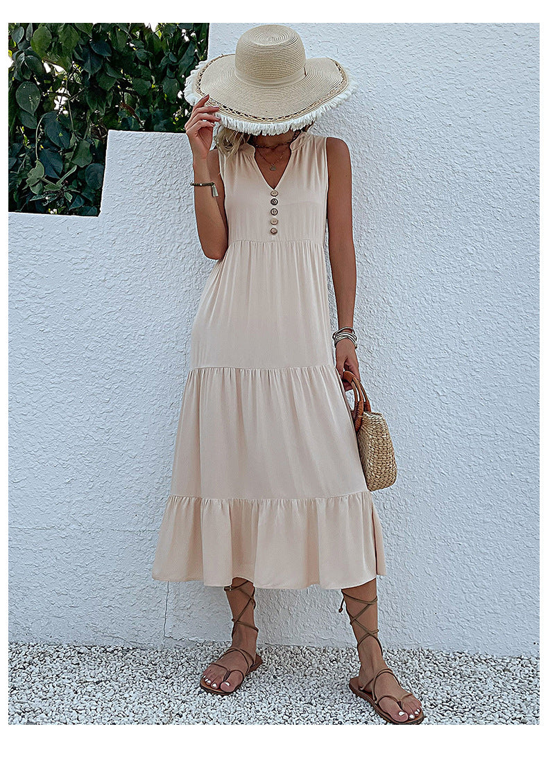 Summer Flowy Maxi Dress with Pockets Sleeveless Loose Casual Sundress V-Neck Tiered Sun Dress for Beach Cruise Vacations