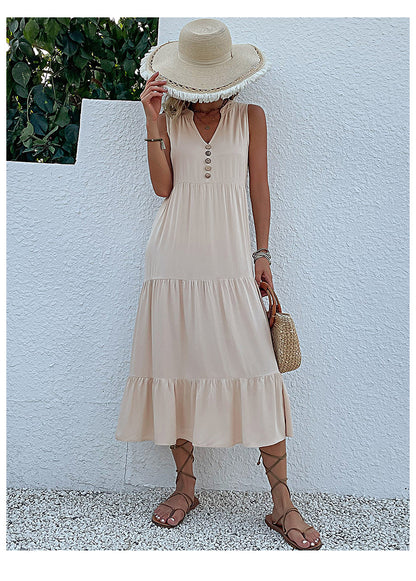 Summer Flowy Maxi Dress with Pockets Sleeveless Loose Casual Sundress V-Neck Tiered Sun Dress for Beach Cruise Vacations