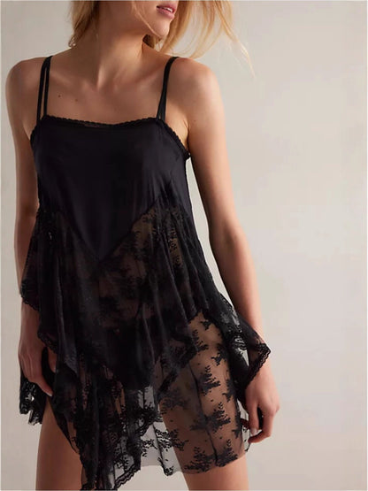 Women Lace Trim Satin Camisole Top Silky Spaghetti Strap V Neck Cami Top Flowy Asymmetrical Going Out Tank Tops - Seldom Seen Styles