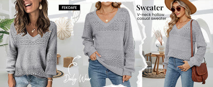 Womens Sweaters 2025 Fall V Neck Long Sleeve Hollow Knit Pullover Sweaters for Women