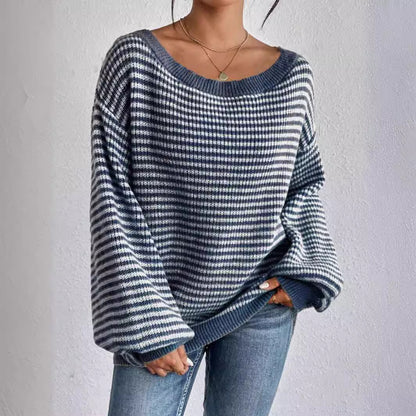 Women's Striped Drop Shoulder Sweater, Y2k Casual Bishop Sleeve Boat Neck Jumper Tops for Daily Outdoor Wear Back To School, Sweaters for Women, Ladies Knitwear for Fall, Fall Outfits, Fallfreshness, Preppy 80s Clothes - Seldom Seen Styles