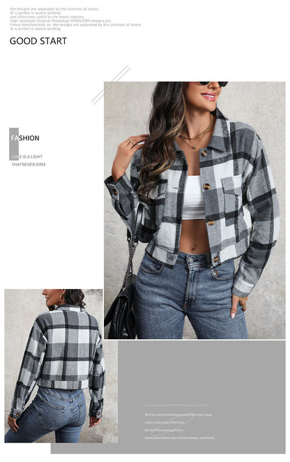 Women's Flannel Cropped Plaid Shacket Jacket Button Down Long Sleeve Shirts Tops