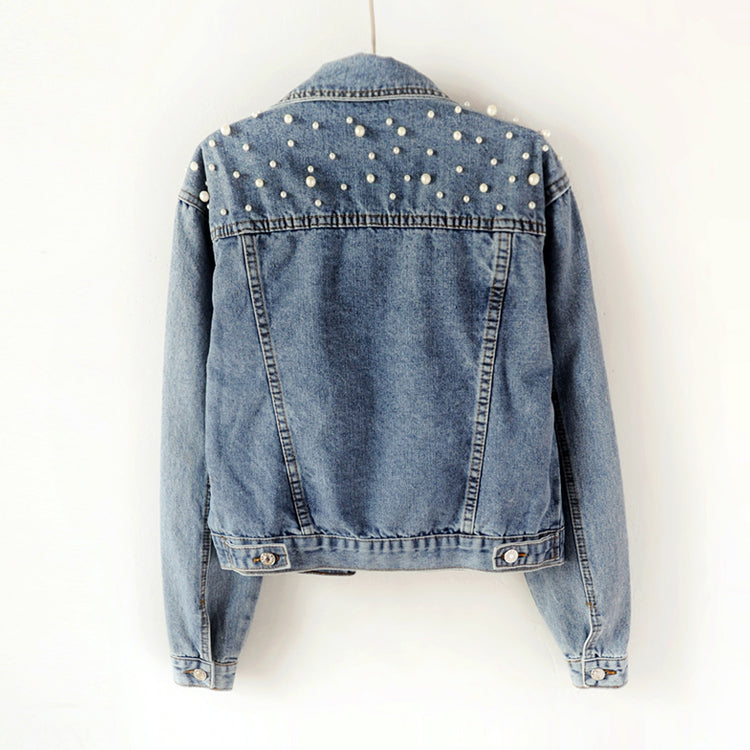 Women's Fashion Loose Embroidered Pearls Beading Cropped Denim Jacket Jean Coat - Seldom Seen Styles