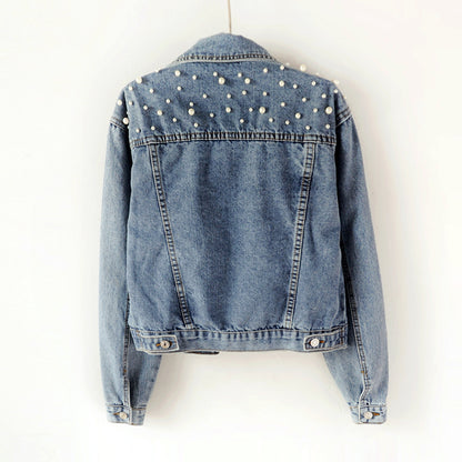 Women's Fashion Loose Embroidered Pearls Beading Cropped Denim Jacket Jean Coat - Seldom Seen Styles