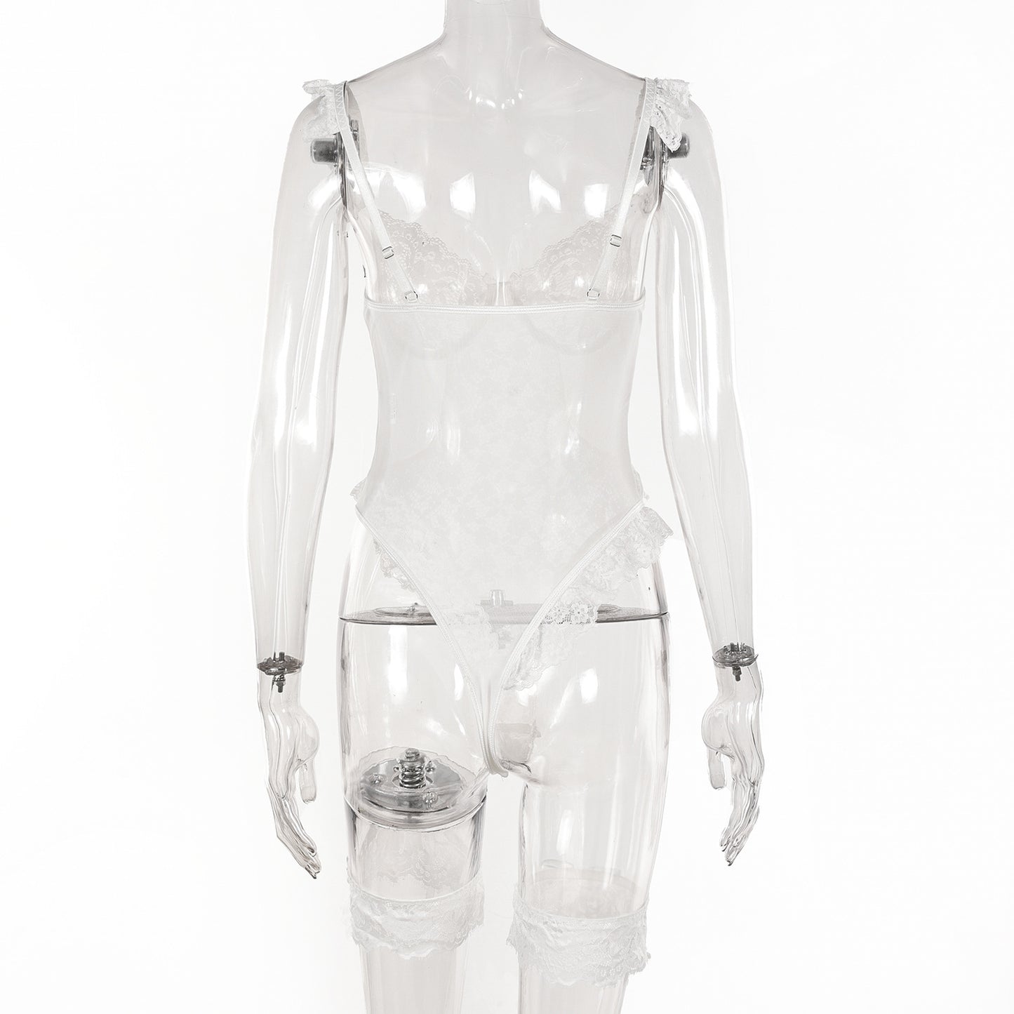 Women Sexy Lingerie Bodysuit Floral Lace Teddy Babydoll Snap Crotch Ruffle One Piece with Thigh Bands