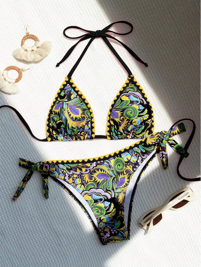 Women's Bikini Sets 2 Piece Halter Triangle Allover Print Swimsuit Set Boho Knot Side Bathing Suit Set
