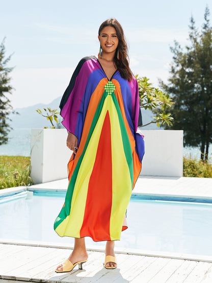 [Plus Size] Butterfly/feather Print Ruched Split Hem Tunic Dress, Valentine's Day Elegant Batwing Sleeve V Neck Long Dress for Summer, Casual Womenswear, Gift, Homecoming Dresses, Women's Clothes for Beach Holiday Vacation, Moo Moo Dresses