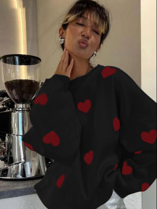 Women's Spring Heart Print Long Sleeve Crewneck Knitting Jumper, Comfort Round Neck Sweater for Daily Streetwear,  Tiktop Shop, Lady's Top for Spring - Seldom Seen Styles