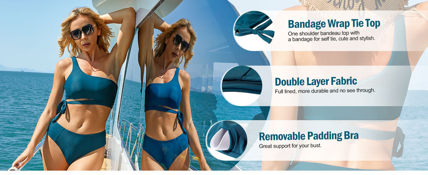 Women One Shoulder High Waisted Bikini Tie High Cut Two Piece Swimsuits